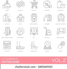 E-commerce icons including savings, checkout, promotion, shopping bag, price tag, basket, mobile commerce, money back guarantee, atm, hand truck, secured payment, calculator, shoes, location, buy now.