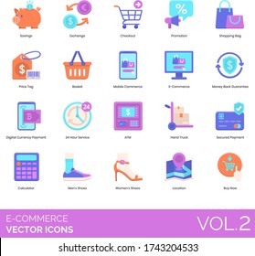 E-commerce icons including savings, exchange, checkout, promotion, mobile commerce, money back guarantee, digital currency, 24 hour service, atm, hand truck, secured payment, calculator, location.