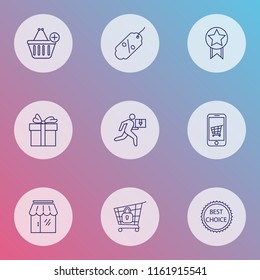 E-commerce icons line style set with delivery man, gift, storefront and other sale tag elements. Isolated vector illustration e-commerce icons.