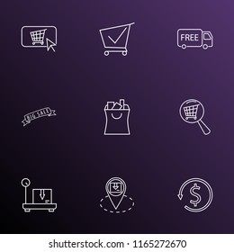 E-commerce icons line style set with big sale, buy button, free shipping and other trolley elements. Isolated vector illustration e-commerce icons.