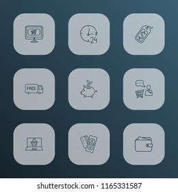 E-commerce icons line style set with wallet, payments option, piggy bank and other helpline elements. Isolated vector illustration e-commerce icons.