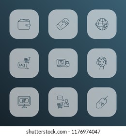 Ecommerce icons line style set with shopping assistant, call center, wallet and other international delivery elements. Isolated vector illustration ecommerce icons.