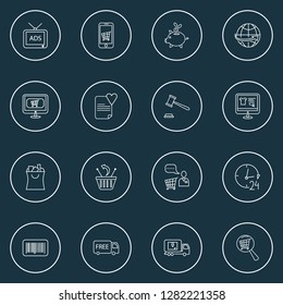 E-commerce icons line style set with search shop, wish list, worldwide shipping and other package elements. Isolated vector illustration e-commerce icons.