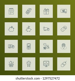 Ecommerce icons line style set with quality, coupon, mobile shop and other online shopping elements. Isolated vector illustration ecommerce icons.