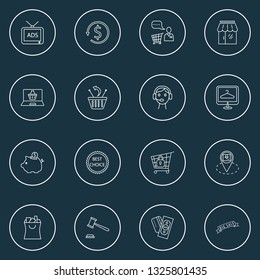 E-commerce icons line style set with payments option, call center, location pin and other discount elements. Isolated vector illustration e-commerce icons.