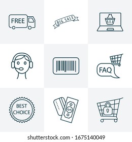 Ecommerce icons line style set with secure shopping, barcode, payments option and other identification elements. Isolated vector illustration ecommerce icons.