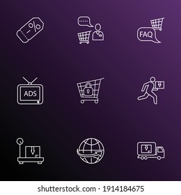 Ecommerce icons line style set with coupon, shop faq, delivery weighing and other lorry elements. Isolated vector illustration ecommerce icons.