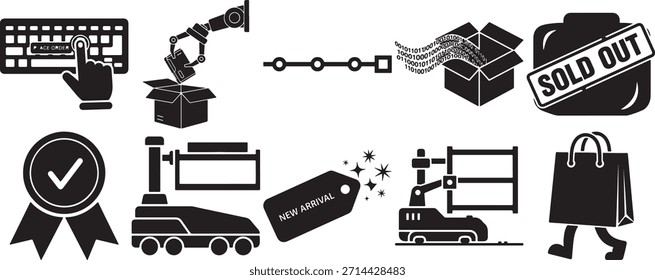 E-Commerce-Symbole für die Auftragserteilung, Roboterarmverpackungen, Produktverfolgung, Datenverarbeitung und ausverkaufte Artikel. Umfasst Qualitätssicherung und neue Ankunftsmarken.