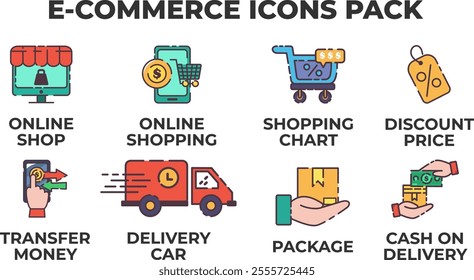 Ecommerce e-commerce icons pack. Flat line color icon of a set of collection of E-commerce icons for online shop, shopping cart, discount, delivery and payment. Colored outline icon.