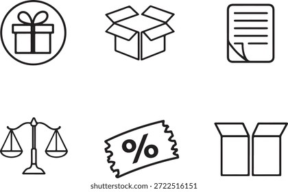 Iconos del comercio electrónico que representan el regalo, paquete, documento, escala, descuento aislado en el fondo blanco, Vector, ilustración
