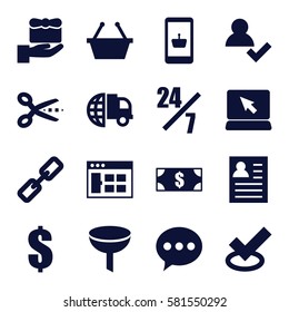 E-commerce icons set. Set of 16 E-commerce filled icons such as money, dollar, browser window, shopping basket, international delivery, add user, online shopping, chat, gift