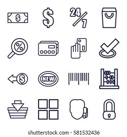 E-commerce icons set. Set of 16 E-commerce outline icons such as money, dollar, credit card, creadit card payment, shopping basket, barcode, percent search, shopping bag, coin