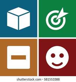 E-commerce icons set. Set of 4 E-commerce filled icons such as box, minus, smile