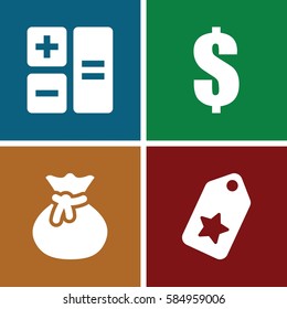 E-commerce icons set. Set of 4 E-commerce filled icons such as dollar, sack, tag