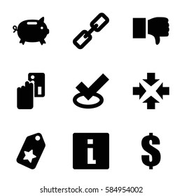 E-commerce icons set. Set of 9 E-commerce filled icons such as dollar, money box, creadit card payment, dislike, tag, info, chain, tick
