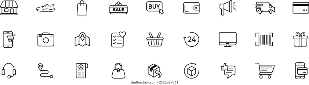 Ecommerce icons set black and white . Collection of thin line icons of online stores. Vector illustration eps 10