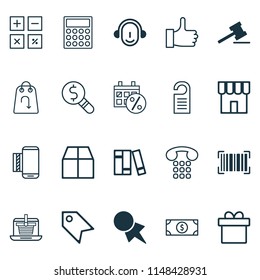 Ecommerce icons set with calculate, like, dollar banknote and other cardboard elements. Isolated vector illustration ecommerce icons.