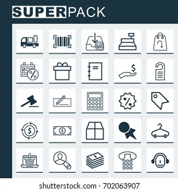 E-Commerce Icons Set. Collection Of Black Friday, Dollar Banknote, Spectator And Other Elements. Also Includes Symbols Such As Paper, Center, Dollar.