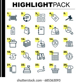 Ecommerce Icons Set. Collection Of Bookshelf, Withdraw Money, Spiral Notebook And Other Elements. Also Includes Symbols Such As Contact, Shopping, Research.