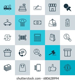 E-Commerce Icons Set. Collection Of Box, Shop, Till And Other Elements. Also Includes Symbols Such As Delivery, Auction, Transfer.