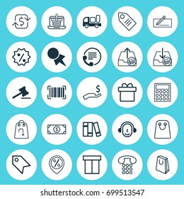 Ecommerce Icons Set. Collection Of Box, Ticket, Bookshelf And Other Elements. Also Includes Symbols Such As Identification, Label, Paper.