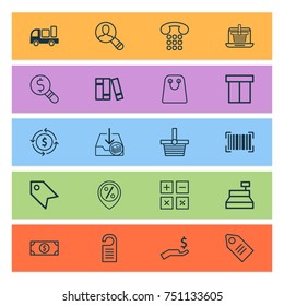 Ecommerce Icons Set. Collection Of Calculation Tool, Callcentre, Delivery And Other Elements. Also Includes Symbols Such As Barcode, Onlooker, Cashbox.