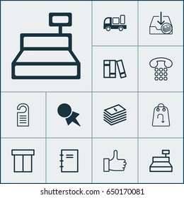 Ecommerce Icons Set. Collection Of Callcentre, Till, Discount Coupon And Other Elements. Also Includes Symbols Such As Bookshelf, Paper, Notebook.