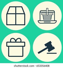 Ecommerce Icons Set. Collection Of Cardboard, E-Trade, Gavel And Other Elements. Also Includes Symbols Such As Auction, Present, Gift.