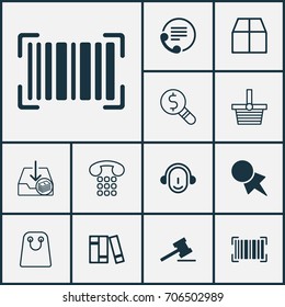 E-Commerce Icons Set. Collection Of Cardboard, Tote Bag, Gavel And Other Elements. Also Includes Symbols Such As Cardboard, Pannier, Gavel.