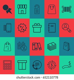 Ecommerce Icons Set. Collection Of Dollar Banknote, Finance, Handbag Elements. Also Includes Symbols Such As Calculator, Label, Notebook.
