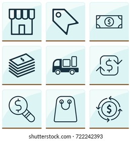 E-Commerce Icons Set. Collection Of Dollar Banknote, Tote Bag, Business Inspection And Other Elements. Also Includes Symbols Such As Delivery, Money, Market.