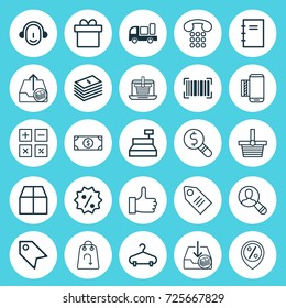Ecommerce Icons Set. Collection Of Dollar Banknote, Withdraw Money, Spiral Notebook And Other Elements. Also Includes Symbols Such As Discount, Parcel, Calculator.
