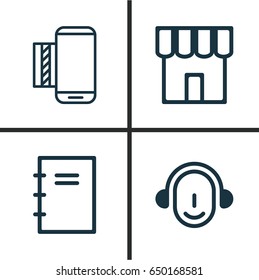 Ecommerce Icons Set. Collection Of Employee, Spiral Notebook, Mobile Service And Other Elements. Also Includes Symbols Such As Notebook, Store, School.
