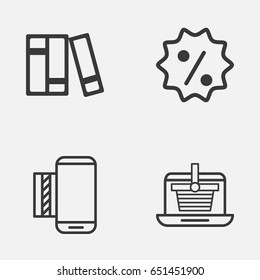 Ecommerce Icons Set. Collection Of E-Trade, Bookshelf, Rebate Sign And Other Elements. Also Includes Symbols Such As Rebate, Online, Discount.