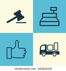 E-Commerce Icons Set. Collection Of Gavel, Delivery, Till And Other Elements. Also Includes Symbols Such As Gavel, Till, Cash.