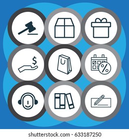 E-Commerce Icons Set. Collection Of Handbag, Bookshelf, Rich Elements. Also Includes Symbols Such As Purchase, Rich, Present.