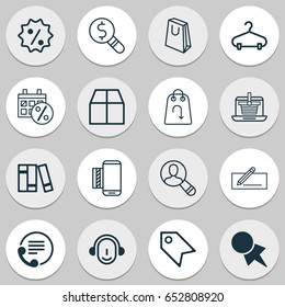 E-Commerce Icons Set. Collection Of Handbag, Business Inspection, Cardboard Elements. Also Includes Symbols Such As Day, Paper, Discover.