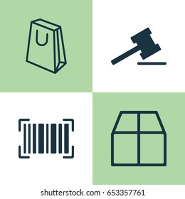 E-Commerce Icons Set. Collection Of Identification Code, Cardboard, Gavel And Other Elements. Also Includes Symbols Such As Packet, Box, Auction.