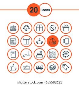 E-Commerce Icons Set. Collection Of Mobile Service, Price Stamp, Rich And Other Elements. Also Includes Symbols Such As Tag, Notepad, Hall-Stand.