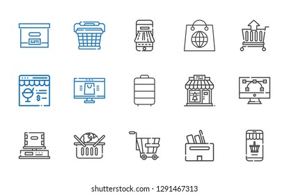 e-commerce icons set. Collection of e-commerce with online shopping, box, trolley, vector, clothing shop, online shop, cart, shopping. Editable and scalable e-commerce icons.