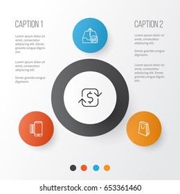 E-Commerce Icons Set. Collection Of Outgoing Earnings, Recurring Payements, Mobile Service And Other Elements. Also Includes Symbols Such As Bag, Payment, Paper.