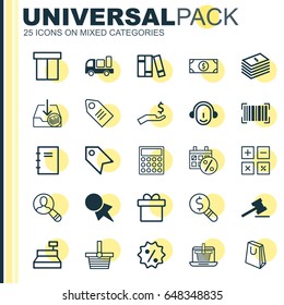 Ecommerce Icons Set. Collection Of Pannier, Bookshelf, Dollar Banknote And Other Elements. Also Includes Symbols Such As Rich, Gavel, Download.