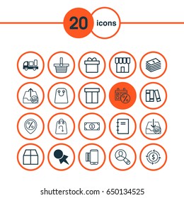 E-Commerce Icons Set. Collection Of Pannier, Spiral Notebook, Withdraw Money And Other Elements. Also Includes Symbols Such As Refund, Day, Trade.