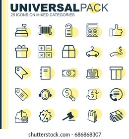 Ecommerce Icons Set. Collection Of Price Stamp, Calculator, Recurring Payements And Other Elements. Also Includes Symbols Such As Cash, Box, Hall-Stand.