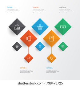 E-Commerce Icons Set. Collection Of Price Stamp, Pannier, Dollar Banknote And Other Elements. Also Includes Symbols Such As Label, Pannier, Service.