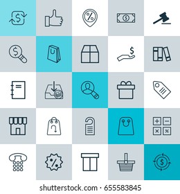E-Commerce Icons Set. Collection Of Recurring Payements, Spectator, Bookshelf And Other Elements. Also Includes Symbols Such As Present, Books, Recur.