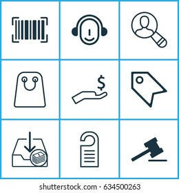 E-Commerce Icons Set. Collection Of Tote Bag, Withdraw Money, Price Stamp And Other Elements. Also Includes Symbols Such As Onlooker, Find, Tag.