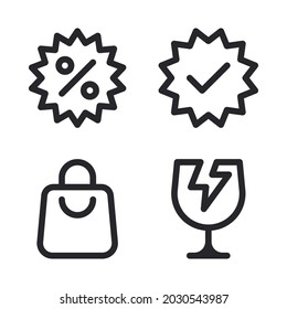 E-Commerce Symbole Set = Rabatt, Checkliste, Einkaufstasche, zerbrechlich. Perfekt für mobile App-Anwendungen, App-Icons, Präsentationen, Illustrationen und andere Projekte.