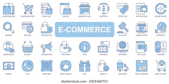 Iconos del comercio electrónico fijados en diseño del trazo del contorno del duotono para el Web. Pack de pictogramas de bolso de compras, Carrito, lista de deseos, mercado, Asistencia, etiqueta de Precio, búsqueda, subasta, tienda, otro. Ilustración vectorial.