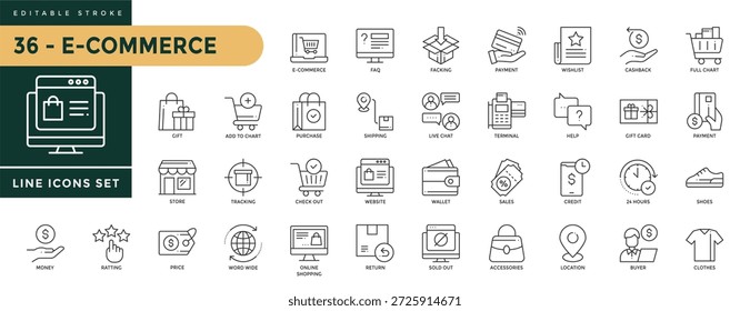 Ícones de comércio eletrônico definidos com traço editável, incluindo faq, pagamento, cashback, gráfico completo, ajuda, terminal, carteira, preço, classificação, esgotado, acessórios, localização, comprador. Ilustração de vetor linear fino